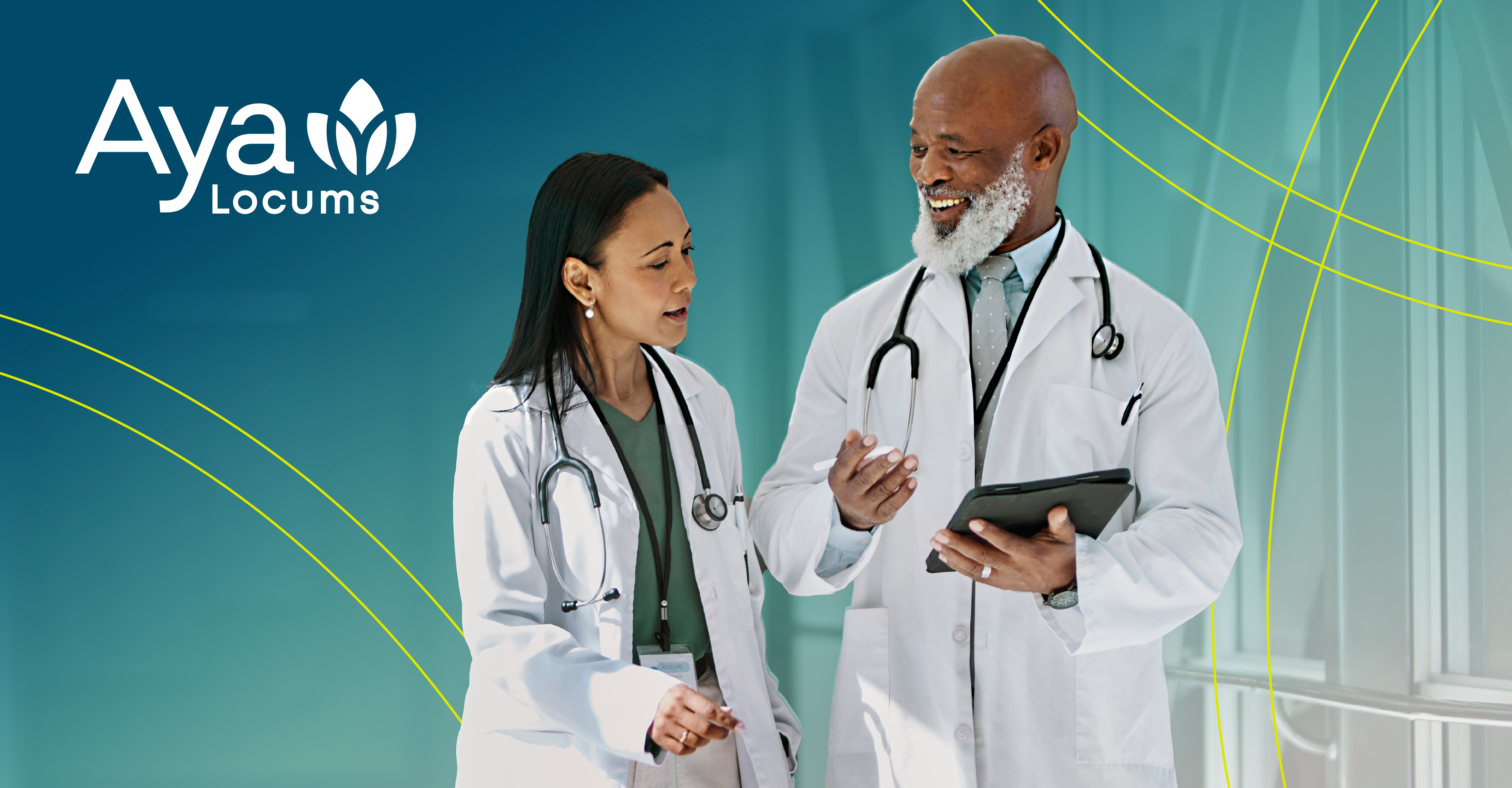 Two healthcare professionals in white coats discussing patient care with a tablet, representing collaboration and opportunities for becoming a locum tenens provider