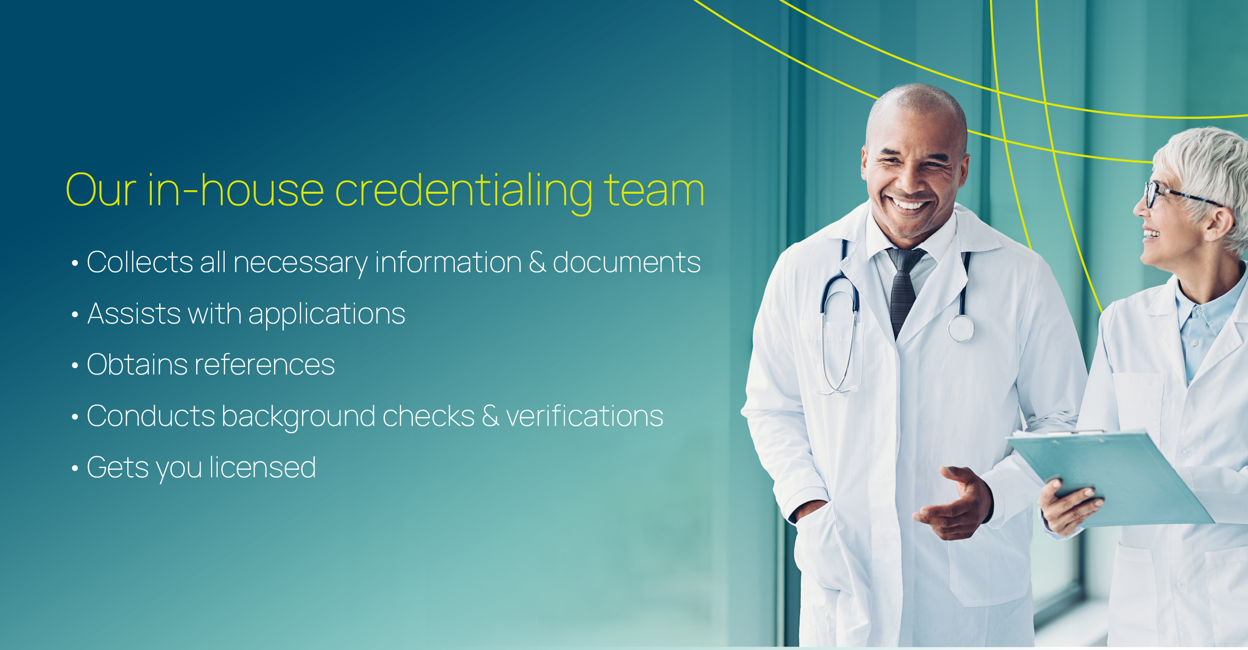 Two smiling healthcare professionals standing in a modern medical office, highlighting the benefits of an in-house credentialing team that handles files, collects necessary documents, assists with applications, obtains references, conducts background checks, and helps with licensing