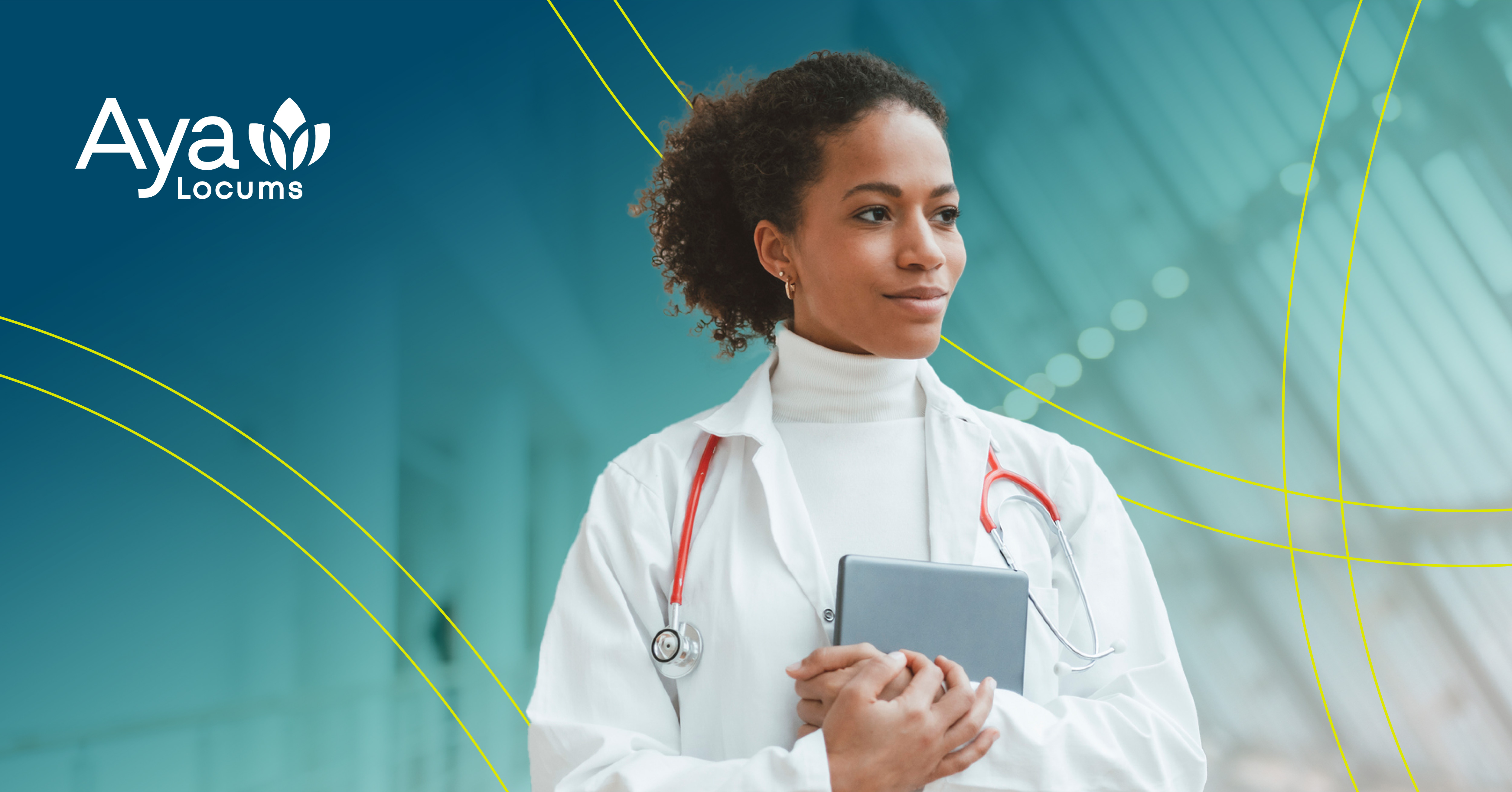 Confident female doctor holding a tablet with Aya Locums branding in the background, representing tips for crafting the perfect locum tenens CV