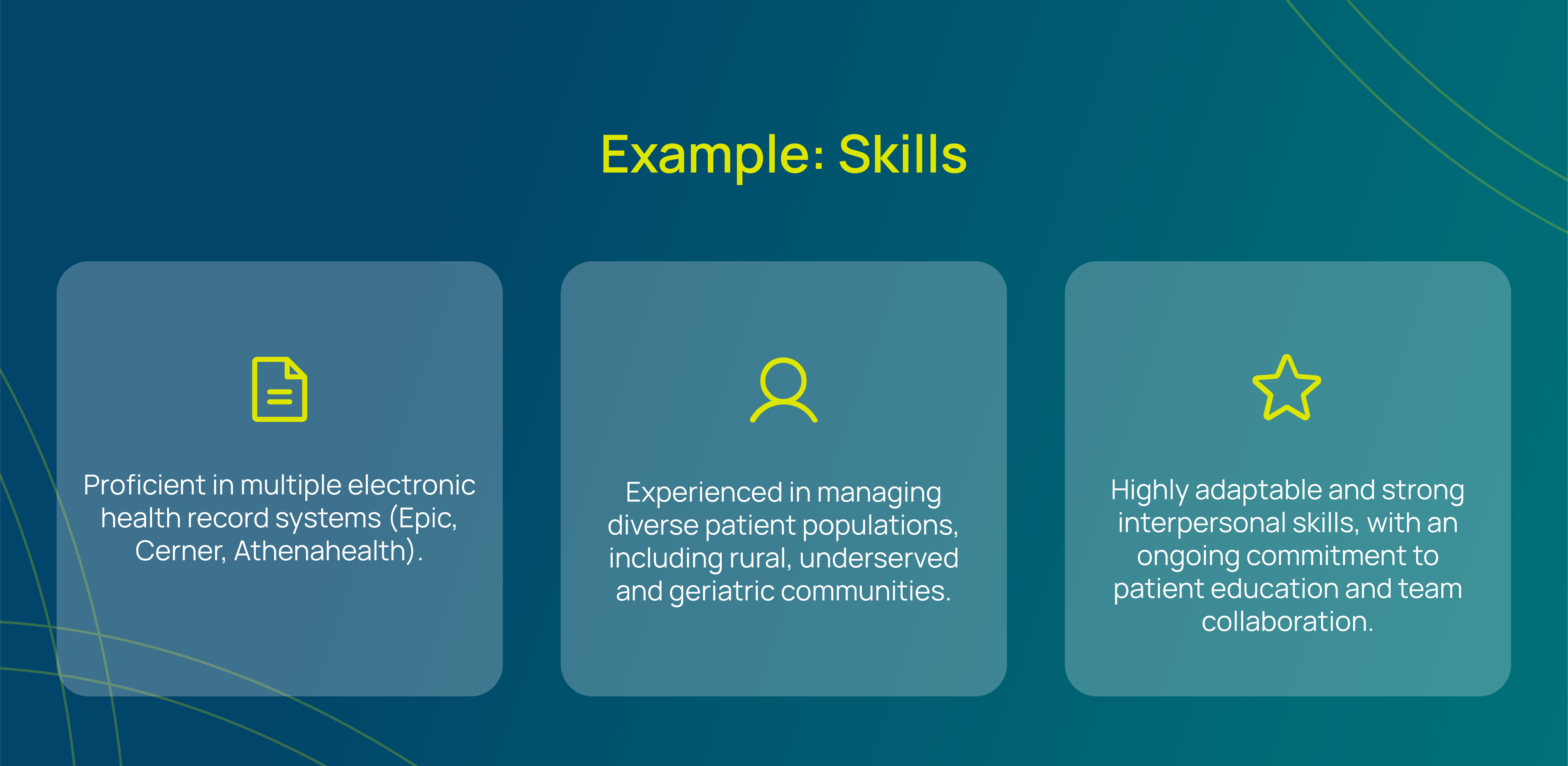 Graphic showcasing key skills of a healthcare professional: proficiency in electronic health record systems (Epic, Cerner, Athenahealth), experience managing diverse patient populations (rural, underserved, geriatric), and strong interpersonal skills focused on patient education and team collaboration