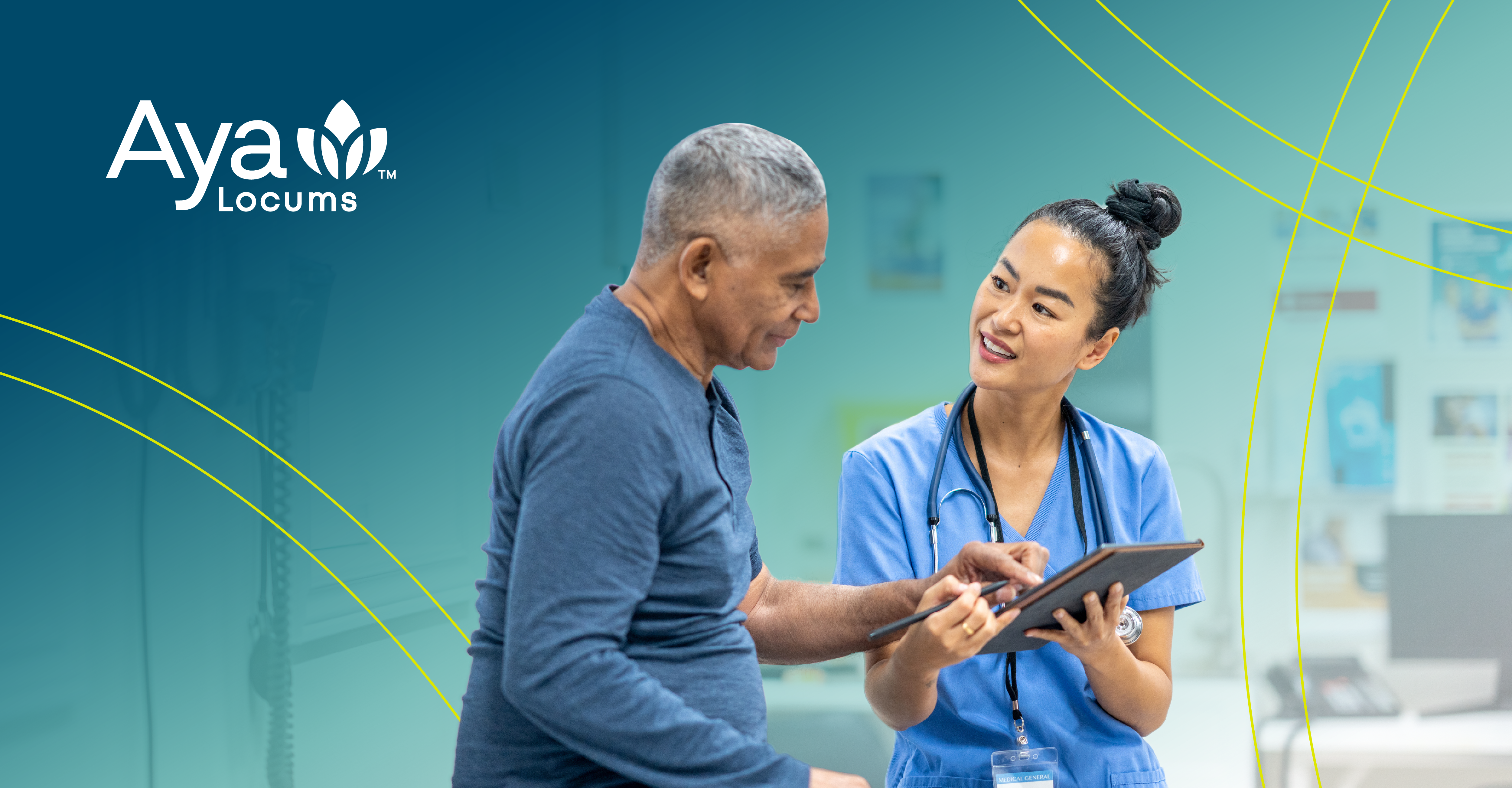 Asian female nurse showing digital tablet to elderly man in hospital setting