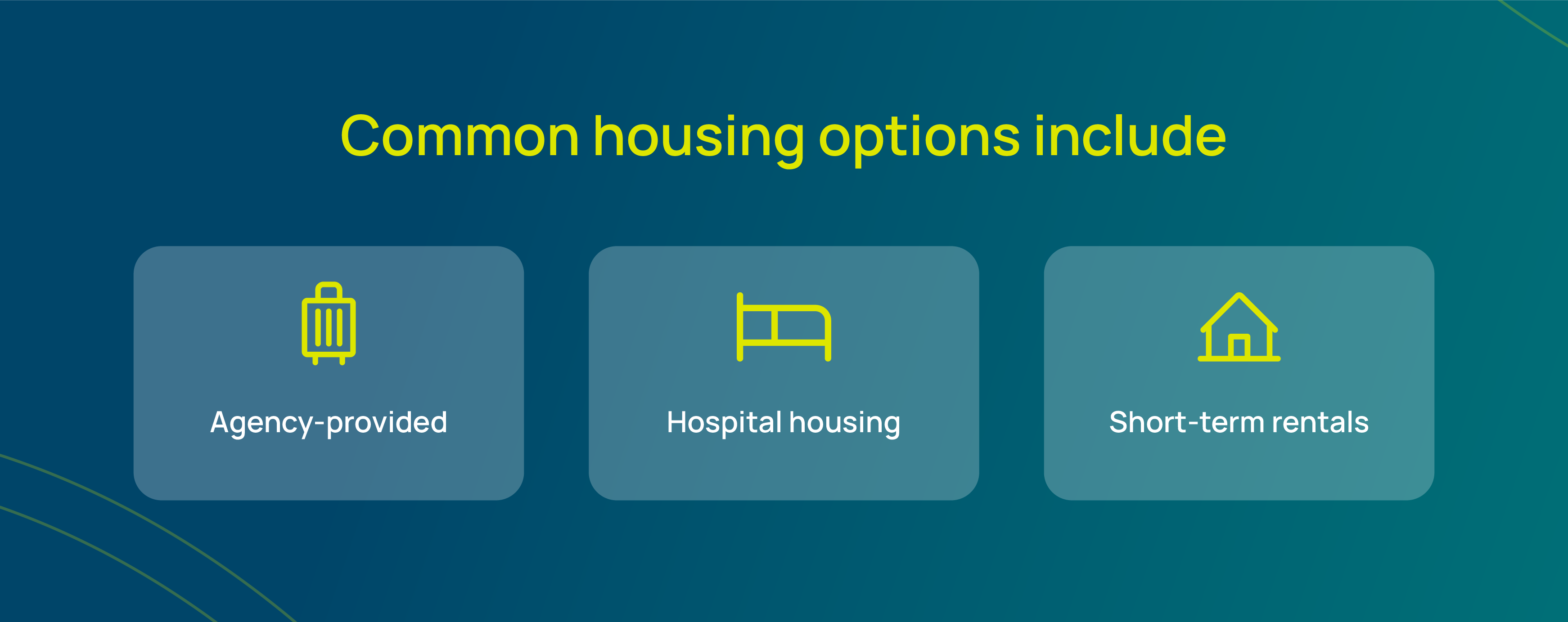 Common housing options for locum tenens assignments, including agency-provided, hospital housing, and short-term rentals, with respective icons.