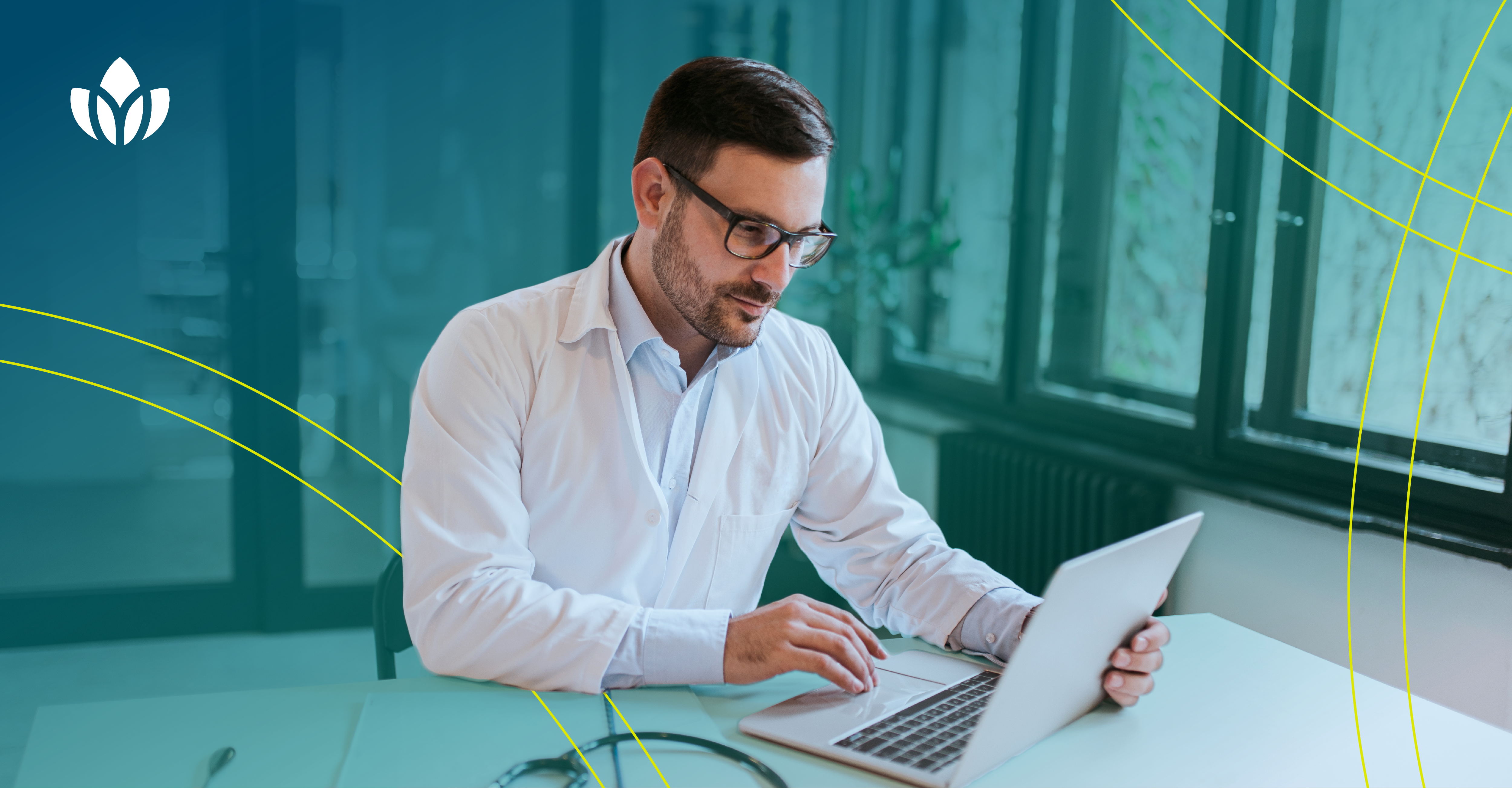 Physician advanced practice provider in a white coat and glasses looking at a laptop, focusing on portfolio career tips for healthcare professionals.