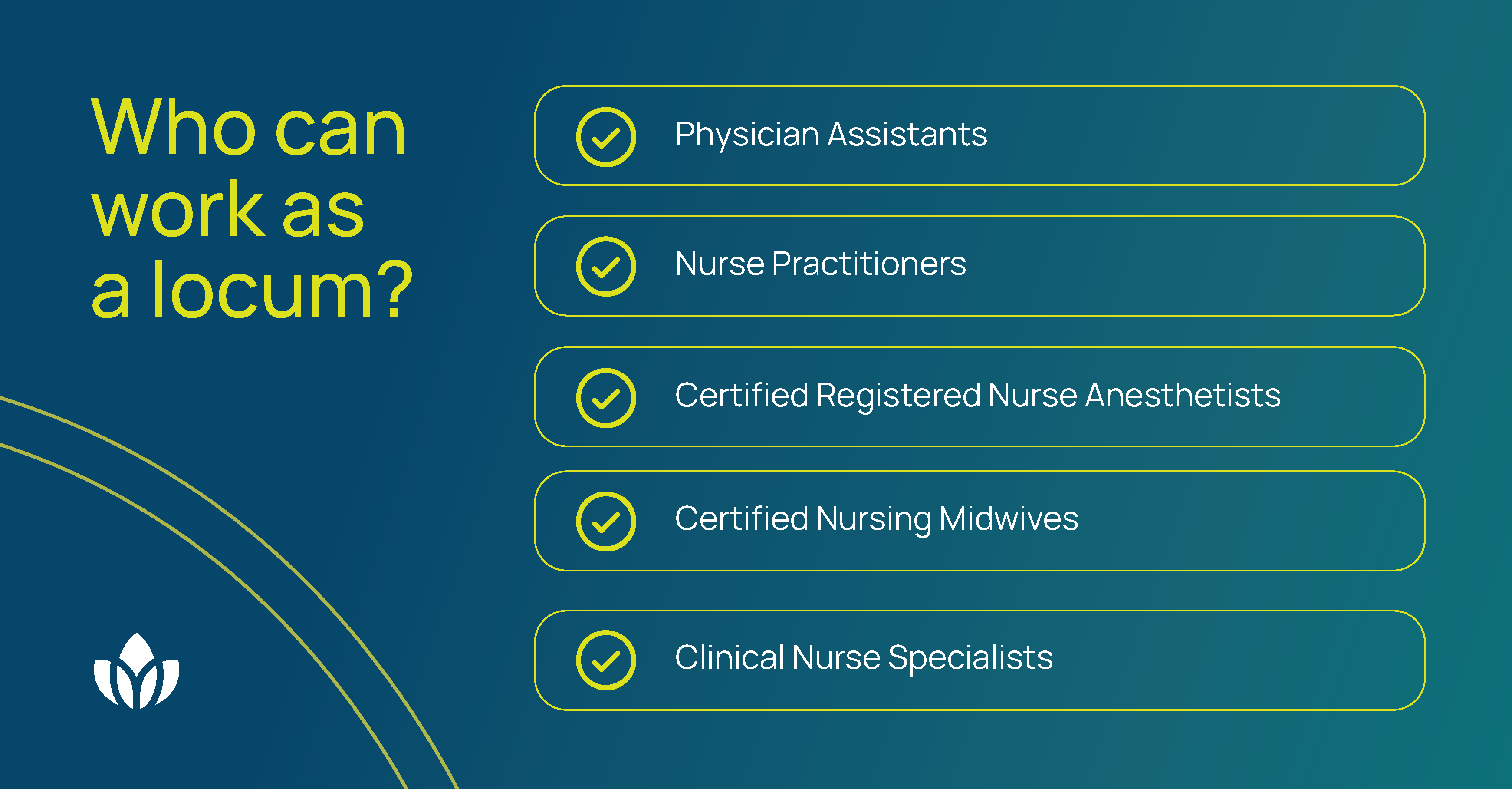 Healthcare roles eligible for locum work including physician assistants, nurse practitioners, CRNAs, midwives, and clinical nurse specialists.