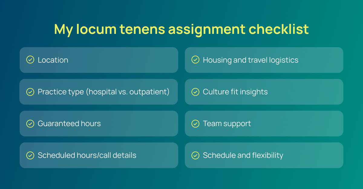 Checklist titled 'My locum tenens assignment checklist' with items including location, practice type, guaranteed hours, scheduled call details, housing and travel logistics, culture fit insights, team support, and schedule flexibility.