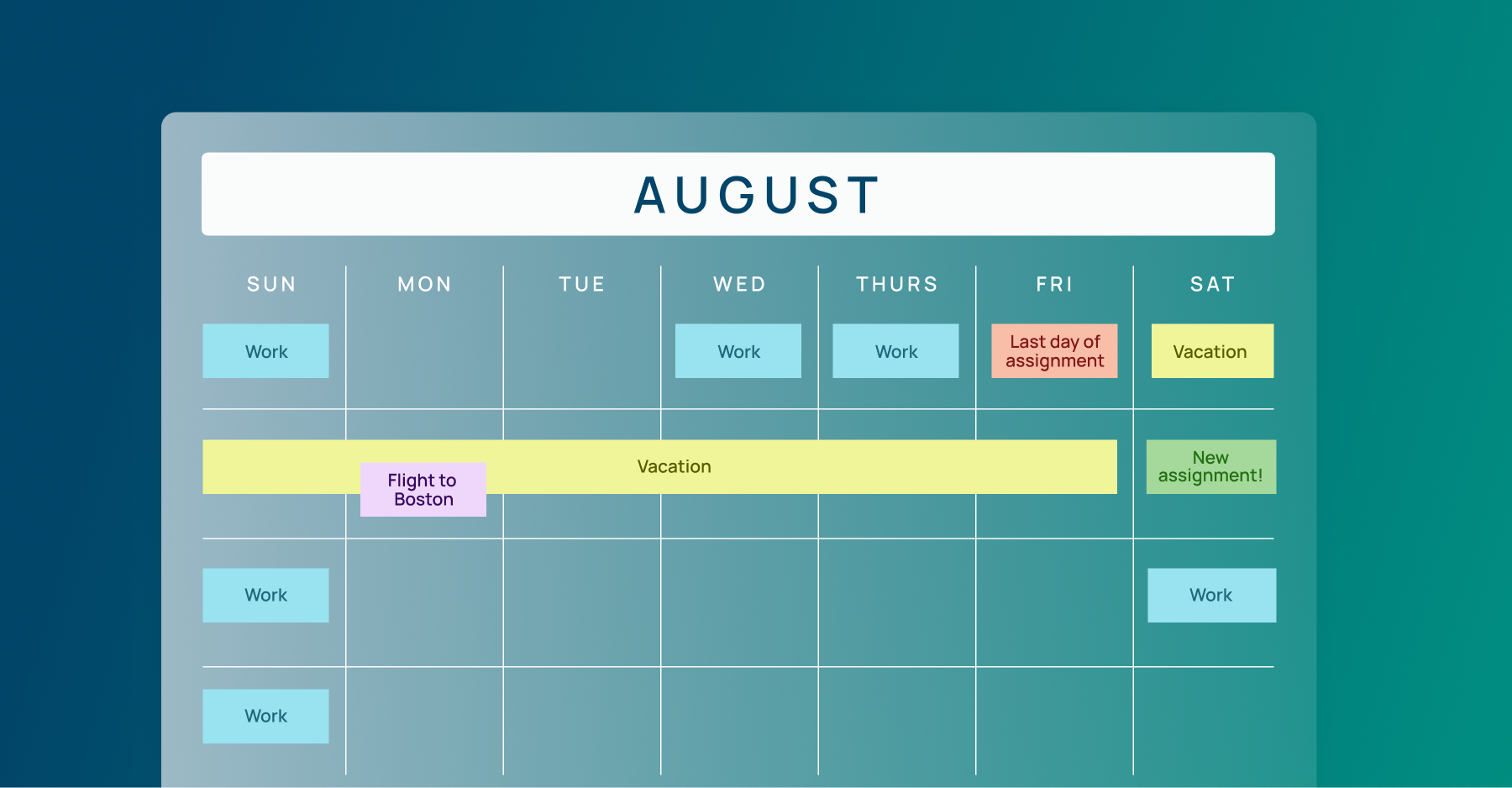 Illustrated August calendar showing workdays, vacation time, travel plans and a new locum assignment, representing flexible scheduling.